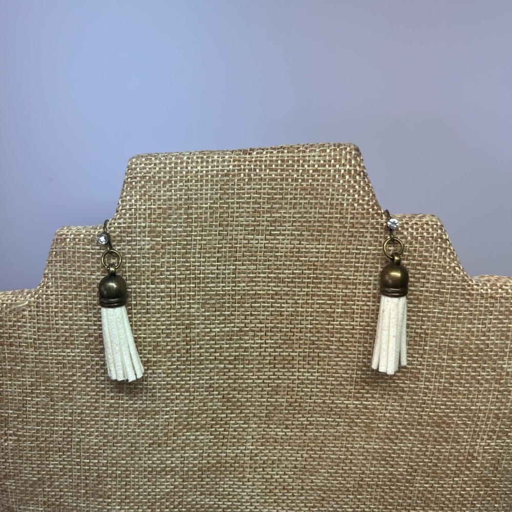 Rustic Western Cream Faux Leather Tassel Earrings with Crystal Accent.